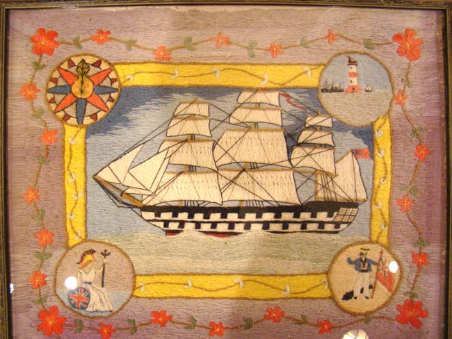 A Charming 19th century Sailor made Woolwork of a British Man of War circa 1870